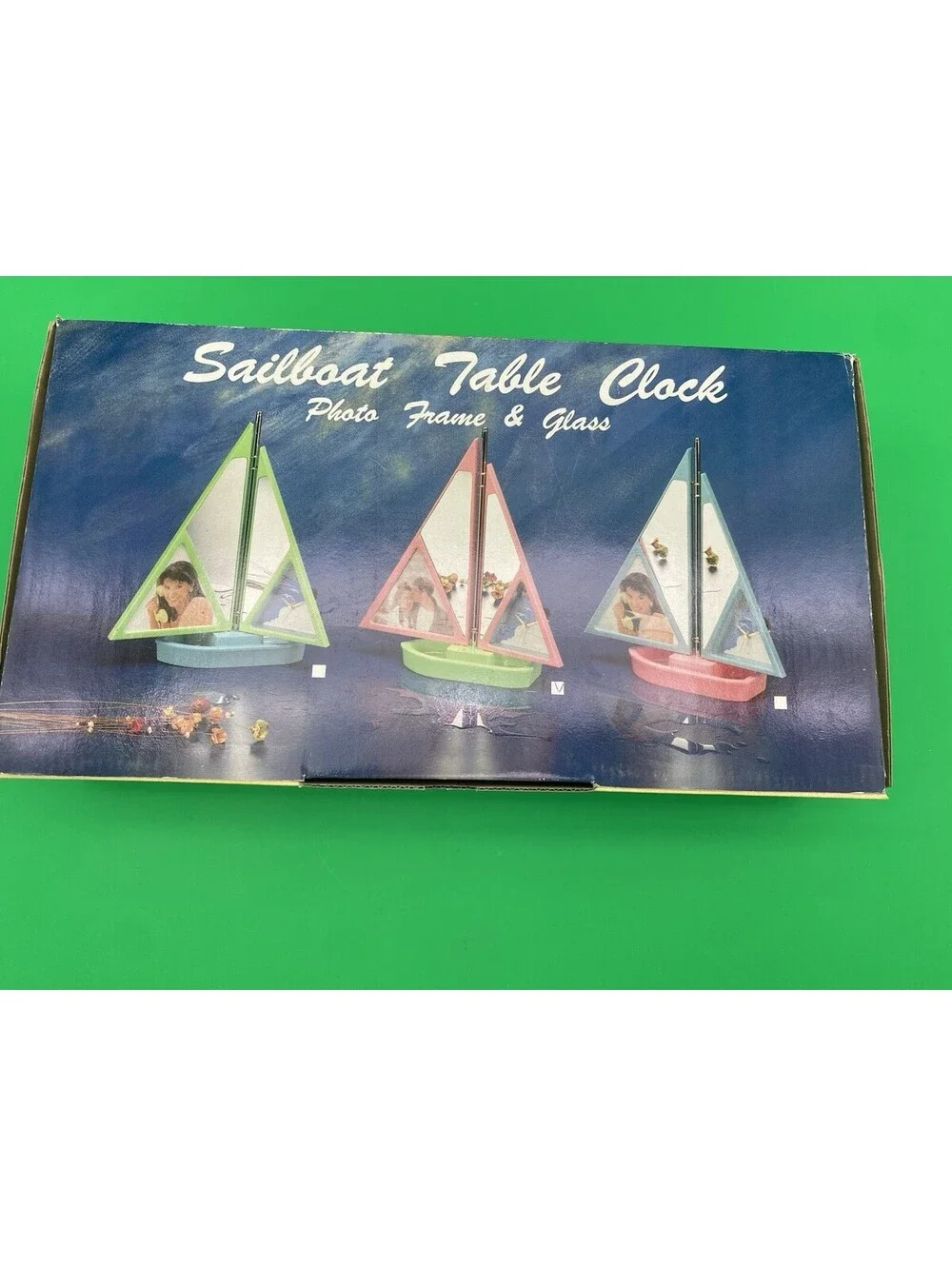 Retro 1980's Sailboat Table Clock, Photo Frame & Mirror - Green & Pink - NOS